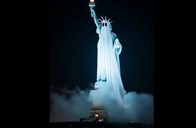 Statuia Libertății din NY „s-a transformat” în fantomă de Halloween Statuia Libertății din NY „s-a transformat” în fantomă de Halloween